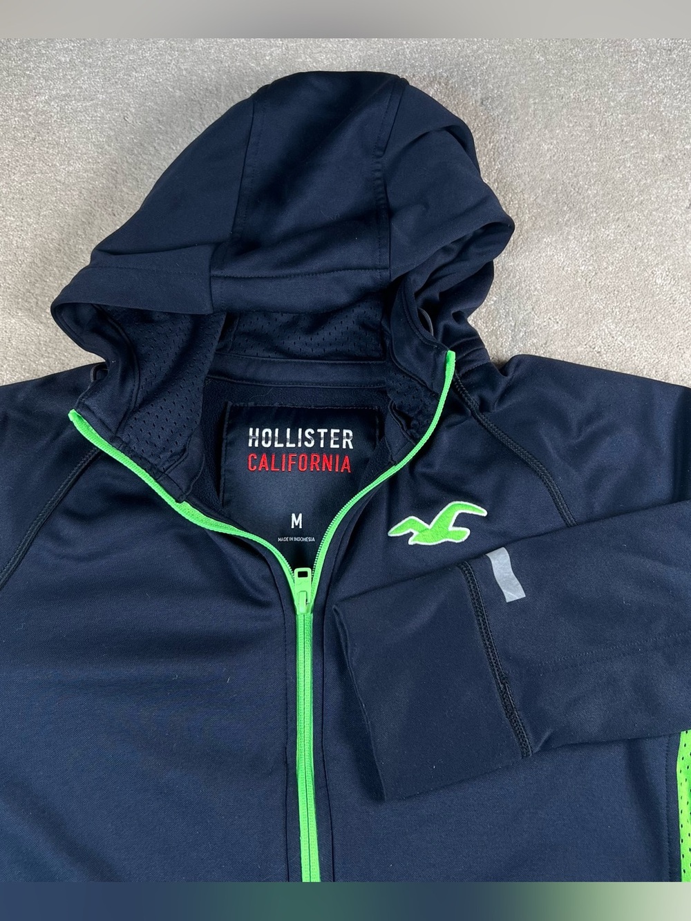 Hollister Hoodie Full Zip Navy Blue Highlighter Green Athletic Active Men's Med